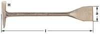 Horizontal Image of a metal tool with a pointed pick on one side and a flat, chisel-like blade opposite.  On the right end, with a solid round bar connecting the two ends, is a wide scraper blade. The dimensions are labeled as 'H' for height, 'l' for leng